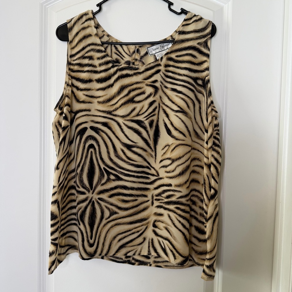 Diane Gilman 100% Silk Bold Zebra Print Tank L Quiet Luxury, Elevated Casual - Picture 2 of 9